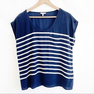 Joie Top Navy Blue White Stripe Pocket Size M.